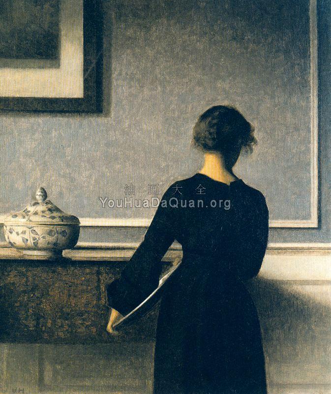Interior with Young Woman from Behind - 威尔汉姆·哈莫修依